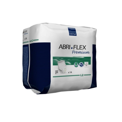 Pacote ABRI FLEX Premium azul e branco com fraldas e texto