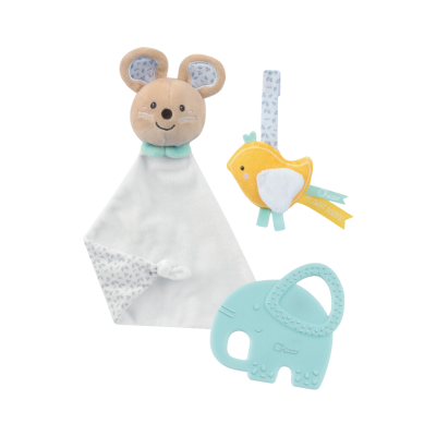 Brinquedos para bebé manta com rato, pendente pássaro amarelo e mordedor elefante azul