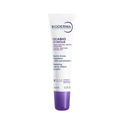 Tubo de bálsamo reparador para lábios Bioderma Cicabio Lip Repair branco com tampa roxa