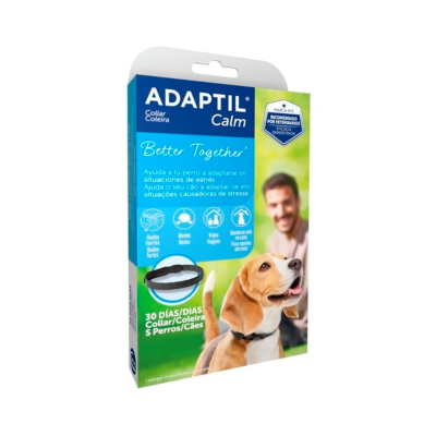 Embalagem azul e verde do Adaptil Calm com cão e texto em português e castelhano