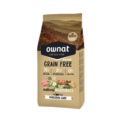 Embalagem de ração Ownat para gatos, Grain Free, cuidados para pelo e pele.