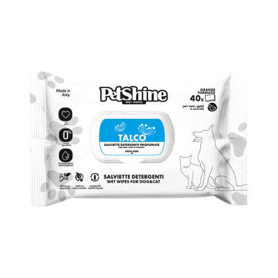 Pacote branco de toalhitas húmidas PetShine para cães e gatos com tampa azul.