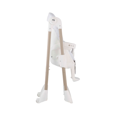 Cadeira alta branca para crianças com estrutura bege e rodas