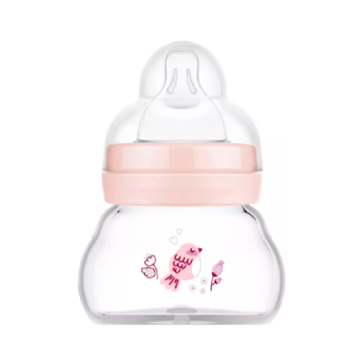 Biberão transparente com tampa rosa e desenho de pássaro cor-de-rosa