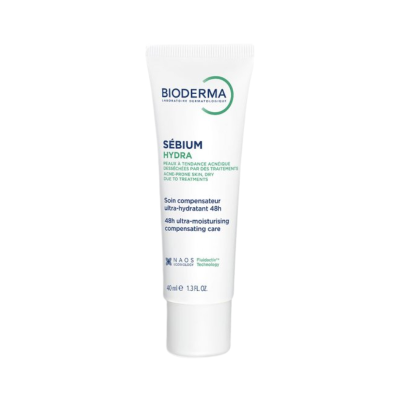 Frasco branco de creme Bioderma Sébium Hydra com texto azul e verde