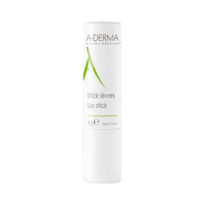 Stick de lábios A-DERMA branco com texto verde e preto