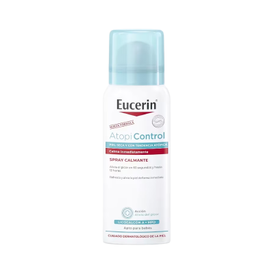 Frasco branco com tampa azul claro de spray calmante Eucerin AtopiControl