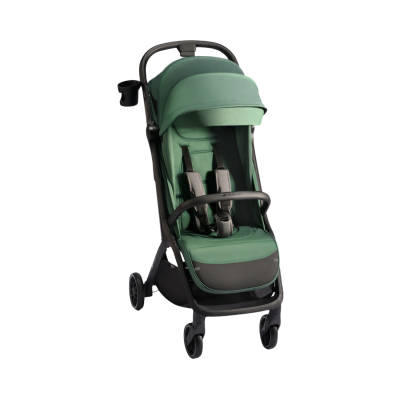 Carrinho de bebé verde com estrutura preta e toldo ajustável