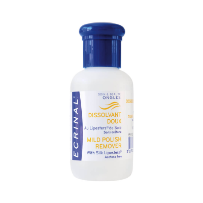 Frasco azul e branco de removedor de verniz para unhas ECRINAL