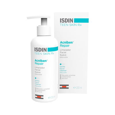 Frasco e embalagem branca de limpeza facial ISDIN TEEN SKIN Acniben Repair