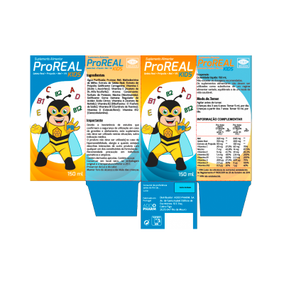 Embalagem do suplemento ProREAL Kids com ilustração de super-herói e informações das vitaminas