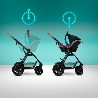 Carrinho de bebé preto em duas posições diferentes com ícones luminosos azuis