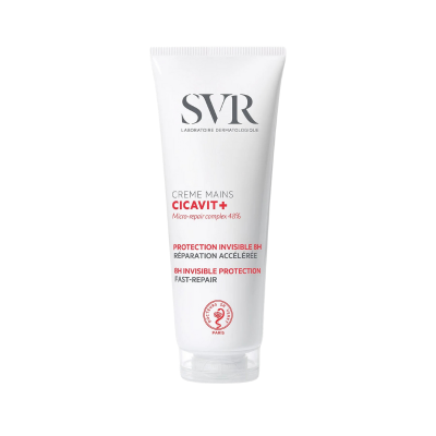 Tubo branco de creme para mãos SVR CICAVIT+ com texto preto e vermelho