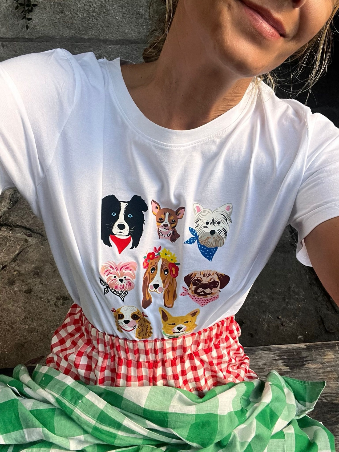 T-shirt branca com estampado colorido de cães usada com saia xadrez vermelha e branca e pano verde.