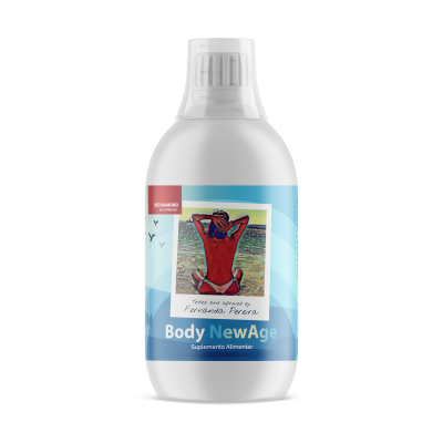 Suplemento alimentar Body NewAge com rótulo azul e imagem de pessoa na praia