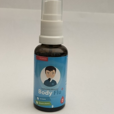 Frasco de suplemento alimentar Body Flu+ com spray