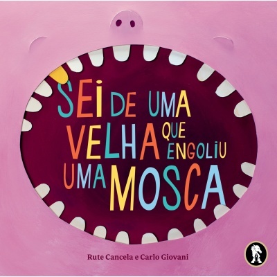 Capa de livro rosa com boca aberta e texto colorido no interior.