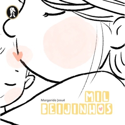 Ilustração em linhas pretas de duas pessoas a beijar com manchas rosa e texto MIL BEIJINHOS.