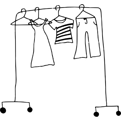 desenho preto e branco de cabideiro metálico com vestido, t-shirt riscada e calças