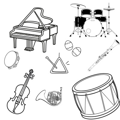 Linha desenhada a preto instrumentos musicais variados sobre fundo branco