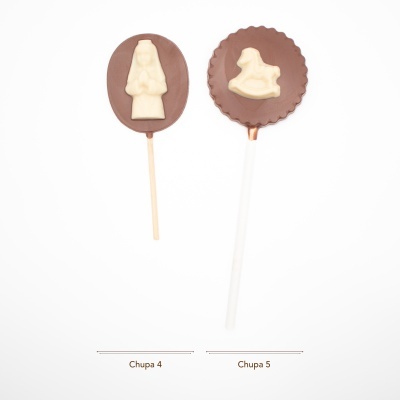 Chupa de Chocolate de Leite c\ Figura de Chocolate Branco Chupa de Chocolate de Leite c\ Figura de Chocolate Branco