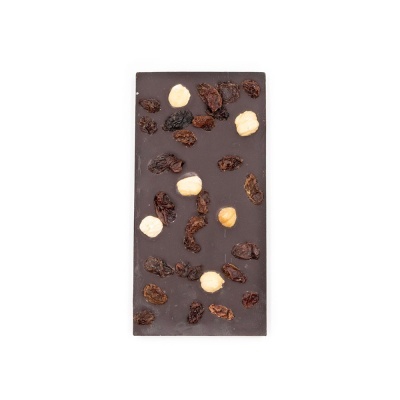 Tablete de Chocolate Negro 70% com Avelãs e Passas Tablete de Chocolate Negro 70% com Avelãs e Passas