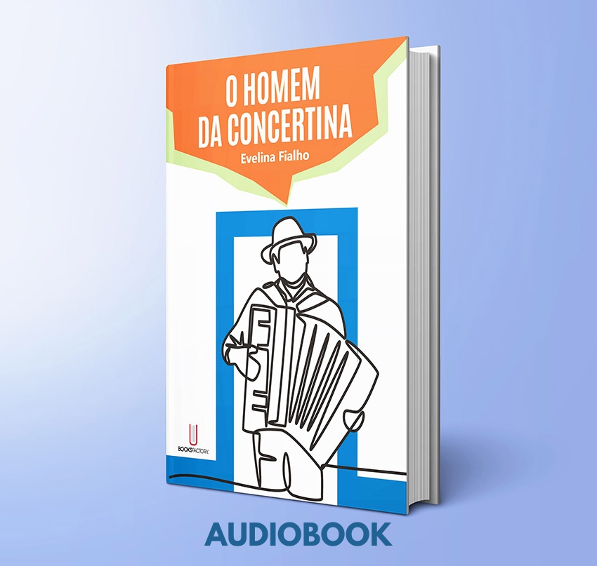 Audiobook O Homem da Concertina Capa do livro 'O HOMEM DA CONCERTINA' com ilustração de homem a tocar concertina