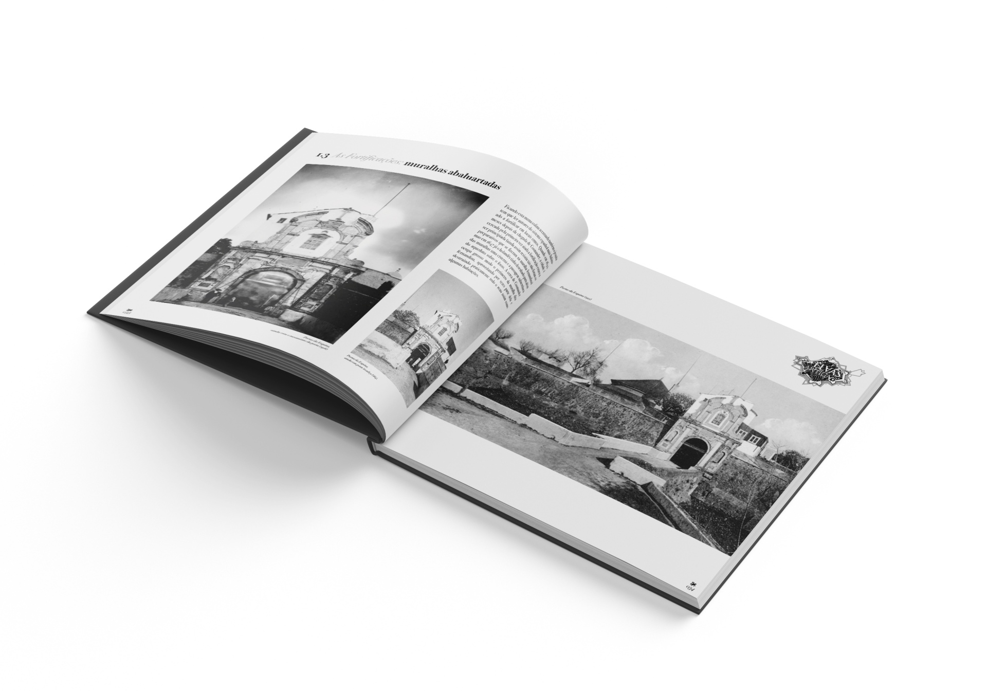 Grande Promoção - Oferta do VOL I da coleção "Elvas Antiga" Livro aberto com fotografias a preto e branco de construções históricas e textos em português