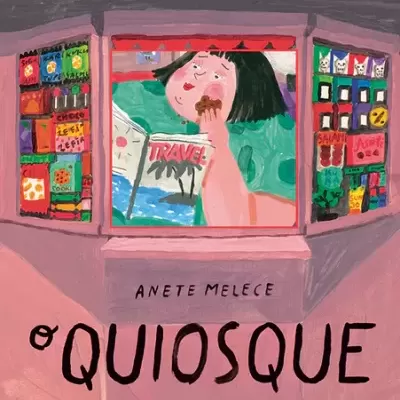 Ilustração colorida de um quiosque rosa com uma pessoa a comer e várias embalagens coloridas nas prateleiras