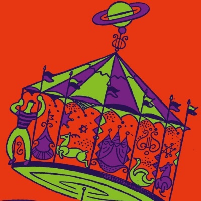 Capa de livro A FÁBRICA DO ABSOLUTO com ilustração de carrossel verde e roxo em fundo vermelho