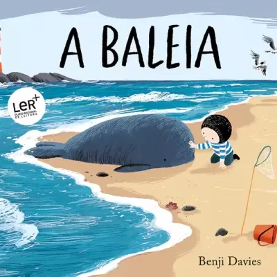 Capa de livro ilustrada com criança e baleia na praia