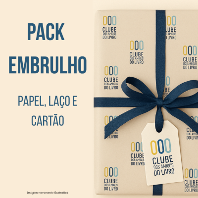 Embrulho de presente com papel, laço azul e cartão do Clube dos Amigos do Livro