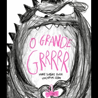 Desenho de um monstro preto e branco com texto rosa 'O GRANDE GRRRR'