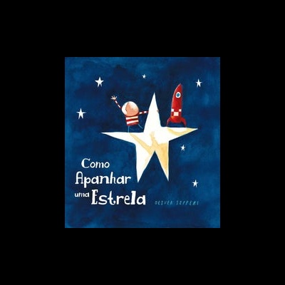 Capa de livro azul com criança, estrela e foguetão vermelho