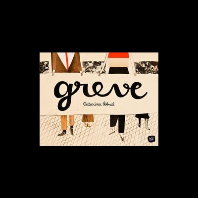 Cartaz com a palavra greve e ilustrações de pessoas em estilo gráfico colorido.