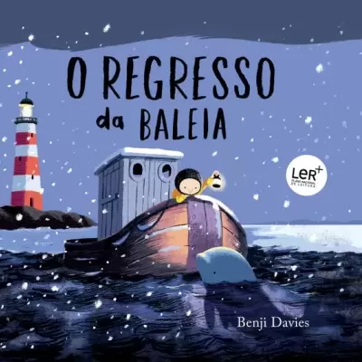 Capa de livro infantil com barco, criança, baleia e farol à noite