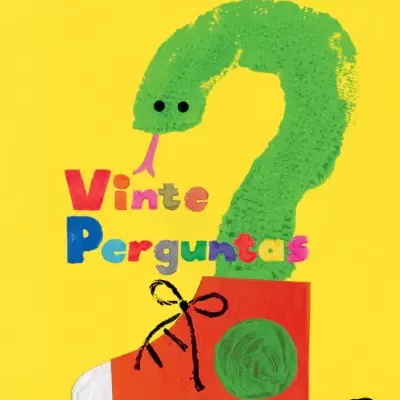 Livro infantil com víbora verde em sapato vermelho sobre fundo amarelo