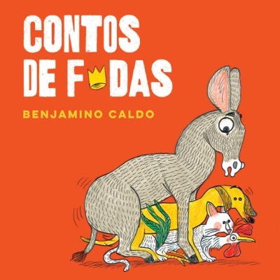 Capa de livro com título 'CONTOS DE FADAS' e ilustração de animais sobre fundo laranja