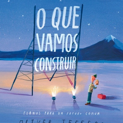 Capa de livro ilustrada com título em letras brancas numa estrutura metálica e personagem segurando criança
