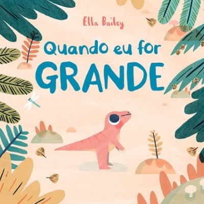 Capa de livro infantil com dinossauro e folhas coloridas e texto em português