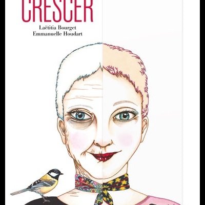 Capa do livro CRESCER com rosto metade velho metade jovem, pássaro e borboleta