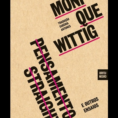 Capa de livro Monique Wittig Pensamento Straight em fundo bege com texto preto e linhas cor-de-rosa.