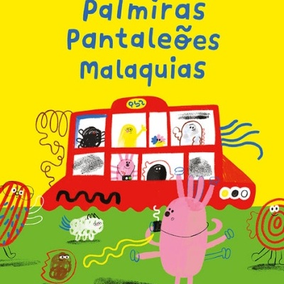 Capa de livro infantil com autocarro vermelho e personagens coloridas em fundo amarelo