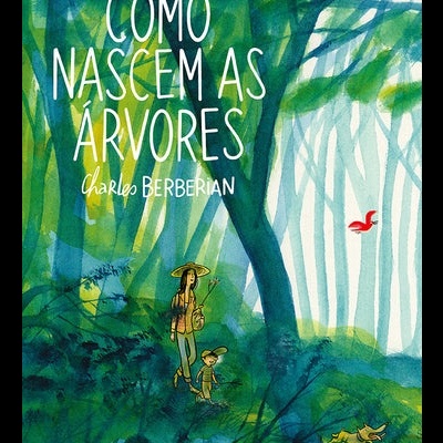 Capa de livro ilustrada com floresta verde e figuras humanas e um cão