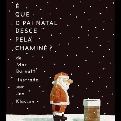 Capa do livro sobre Pai Natal com neve, Pai Natal e chaminé