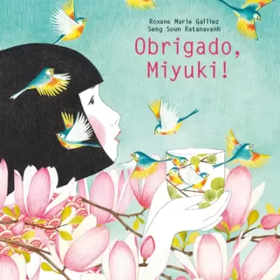 Capa de livro com menina, flores e pássaros