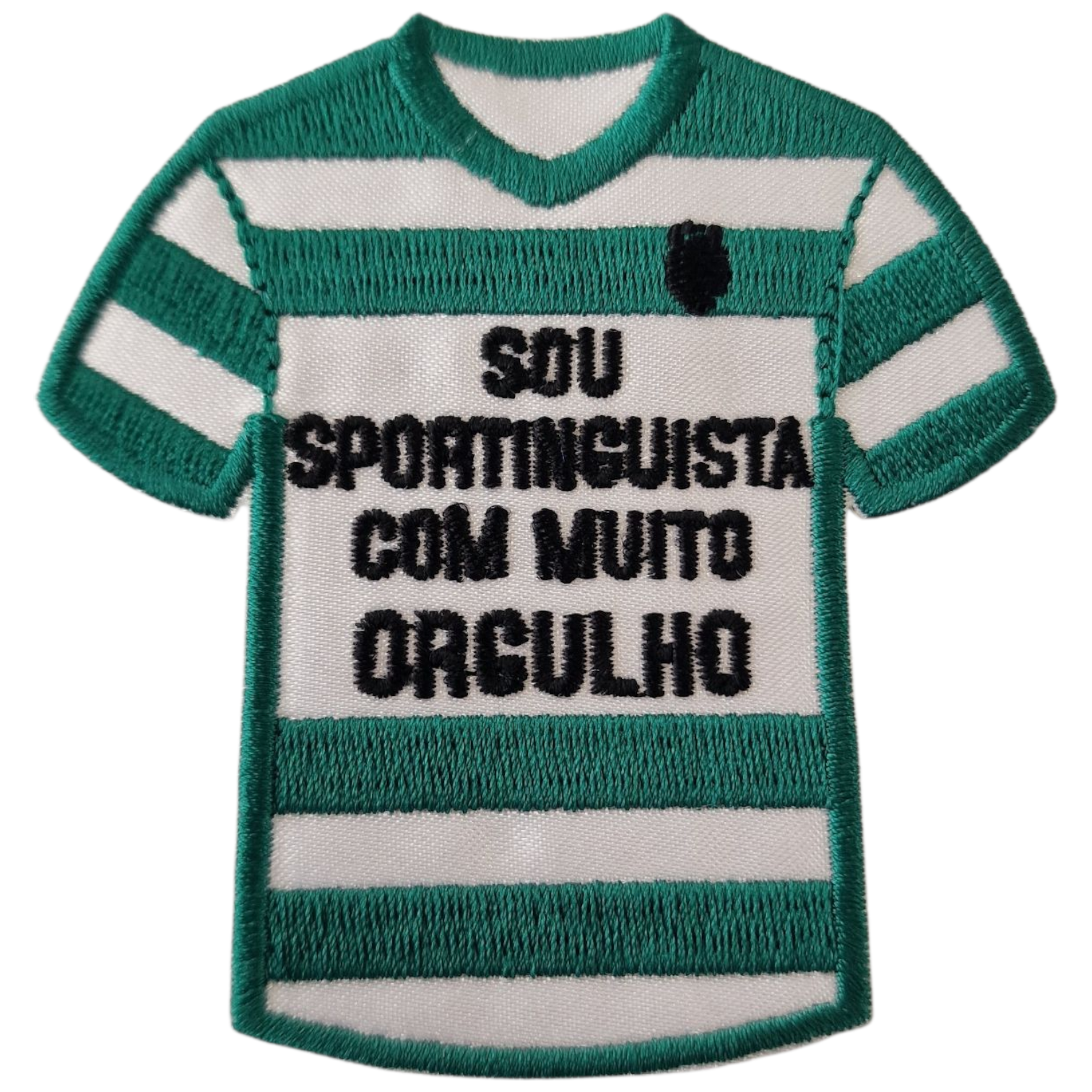 Aplicação têxtil camisola futebol verde branca com texto orgulho