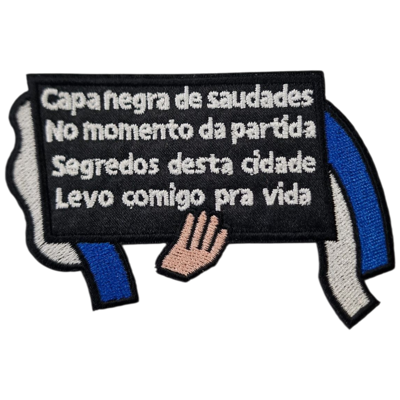 Cópia de Emblema Capa Negra saudades segredos Vida - Branco/Azul