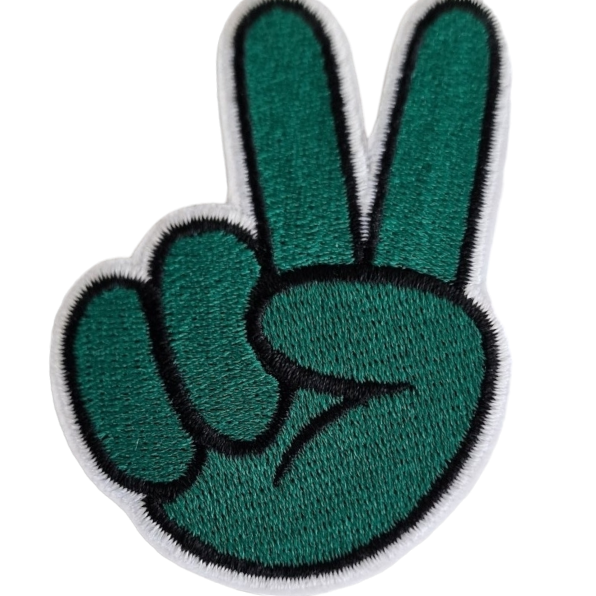 Adesivo bordado mão verde sinal de paz com contorno preto