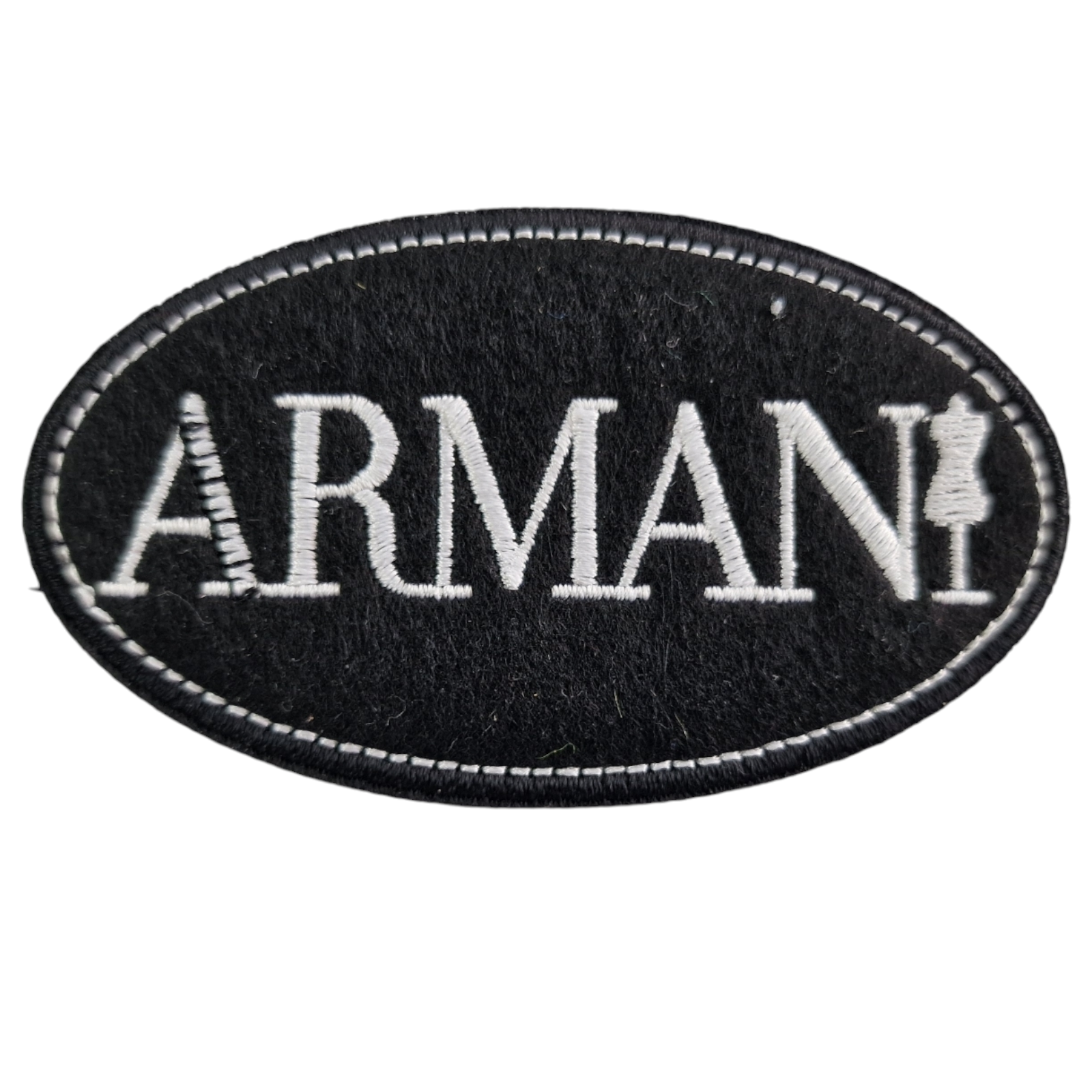 Etiqueta bordada preta e branca com o logo ARMANI